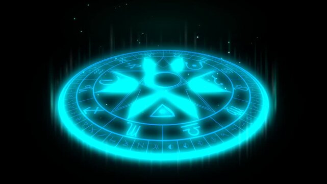 Magic circle summoning ritual glowing effect animation, teal and cyan octagram with runes igniting on black background, 4K overlay for compositing