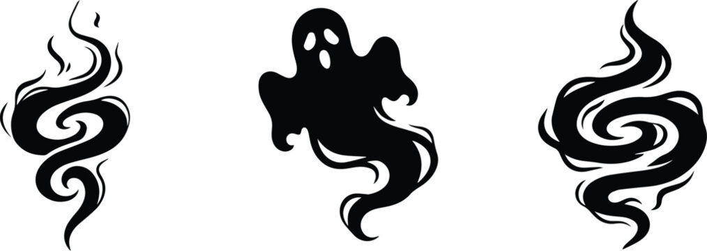 Set of fantasy black vector icons featuring smoke swirls and ghost isolated on white background
