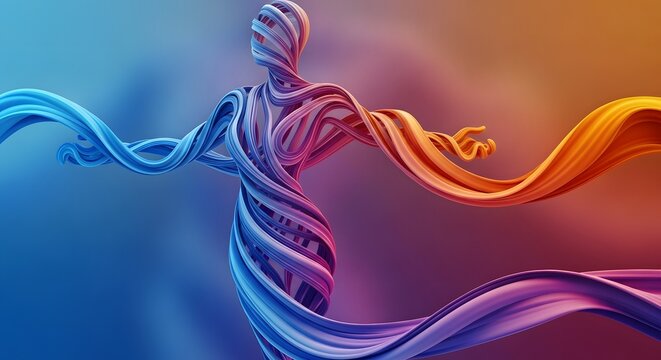 Abstract human figure made of flowing colorful ribbons in a dynamic pose with blue and orange gradient background light