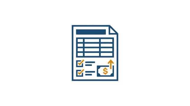 Financial document icon featuring a tax return or business report with a dollar symbol and charts, representing accounting, analysis, and monetary growth