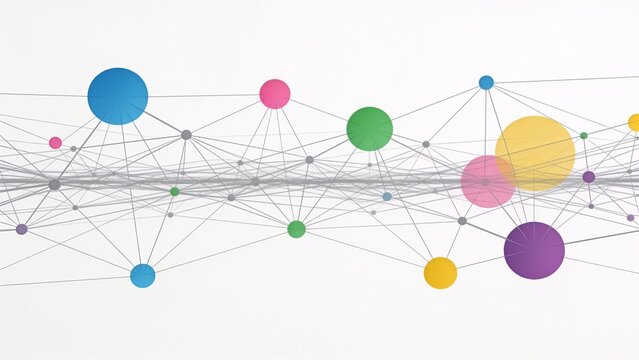 featuring a network of interconnected nodes and lines on a white background. The nodes are represented by circles of varying sizes and colors, including blue, pink, green, yellow, and purple. Thin gra