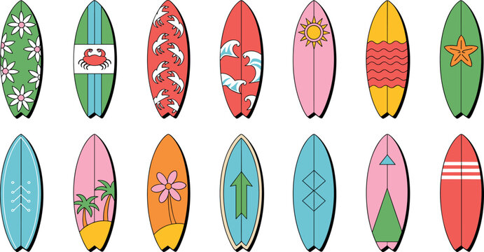 Collection of various surfboard designs with summer patterns, tropical icons, and colorful graphics in a flat vector style