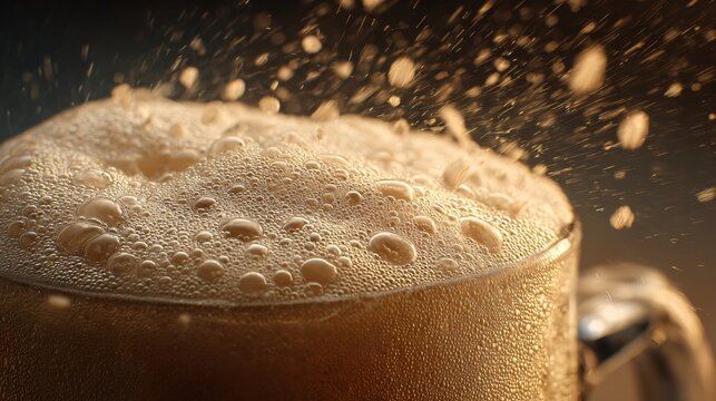 A macro flat lay of creamy beer foam overflowing from a frosty glass mug with detailed carbonation bubbles under cinematic directional lighting