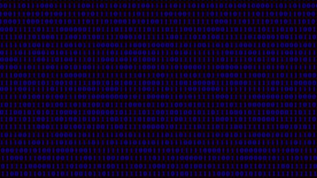 Blue binary code fills black computer screen. Rows of zeros and ones create digital pattern. Technology background covers programming and data. Computer code forms abstract texture. Cyber concept.