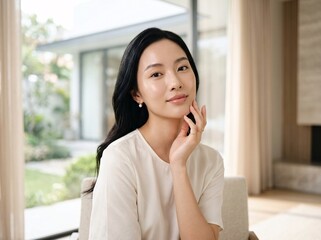 Obraz premium Portrait of beautiful Asian woman showing clear skin in bright contemporary minimalist living room