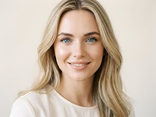Fototapeta premium Portrait of a Beautiful Young Woman with Blonde Hair and Blue Eyes Smiling