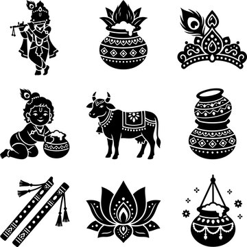 Set of Lord Krishna Janmashtami Festival Vector Icon Elements.