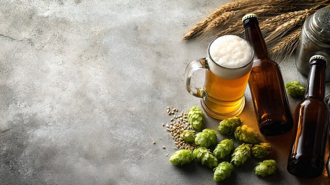 A premium beer beverage flat lay featuring frosty beer mugs, chilled bottles, hop cones, barley grains, and elegant brewery props arranged on a textured neutral background
