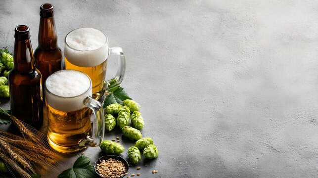 A premium beer beverage flat lay featuring frosty beer mugs, chilled bottles, hop cones, barley grains, and elegant brewery props arranged on a textured neutral background