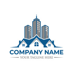 Obraz premium Real estate logo combining skyscrapers and house roofs.