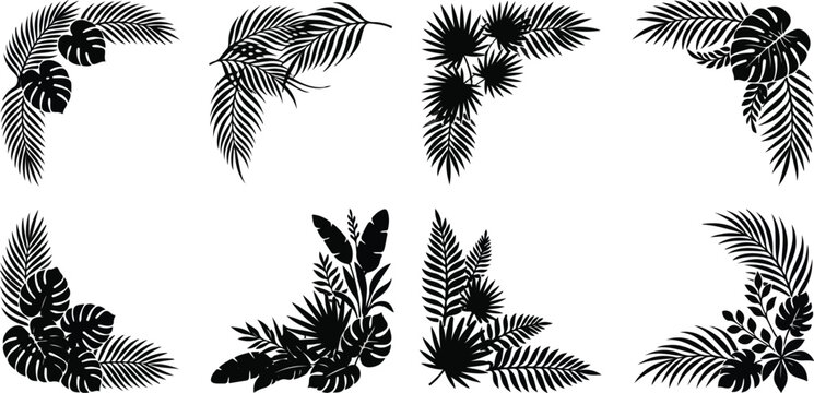 Tropical palm and monstera leaf corner frame borders silhouette set