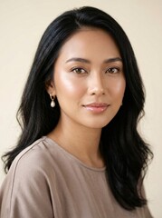 Fototapeta premium Beautiful Asian woman with elegant style and glowing natural makeup smiling softly