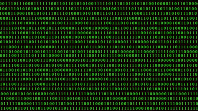 Green binary code fills black computer screen. Rows of zeros and ones create digital pattern. Technology background covers programming and data. Computer code forms abstract texture. Cyber concept.