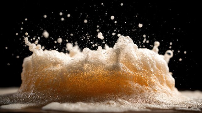 A top-down flat lay of foam exploding upward from freshly poured beer with visible motion and frozen droplets captured naturally