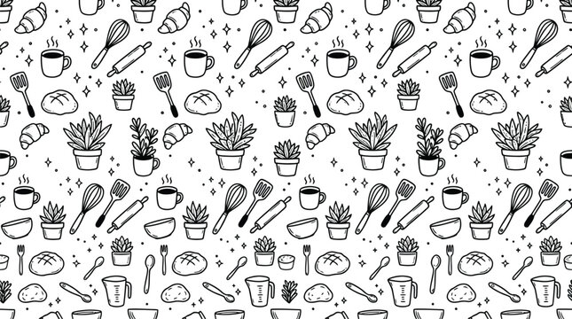 Seamless pattern of kitchen utensils and baking elements in hand drawn doodle style for culinary design