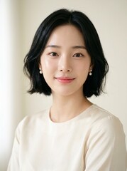 Fototapeta premium Portrait of a Beautiful Young Asian Woman with Short Hair and Gentle Smile