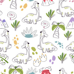 Cute Brontosaurus Seamless Pattern with Hand Drawn Baby Dinosaur and Palm Trees for Kids Textile, Nursery Fabric, and Wrapping Paper Design © ozy