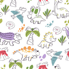 Cute Colorful Dinosaur Seamless Pattern with Pterodactyl and Triceratops for Kids Fabric, Nursery Decor, and Educational Background Design © ozy
