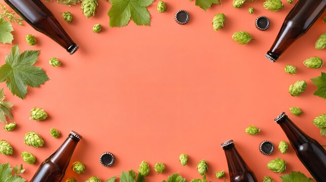 A vibrant beer flat lay forming a circular frame around empty center space on a pastel coral background with scattered bottle caps and hop leaves