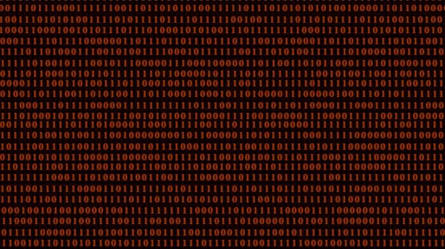 Orange binary code fills black computer screen. Rows of zeros and ones create digital pattern. Technology background covers programming and data. Computer code forms abstract texture. Cyber concept.