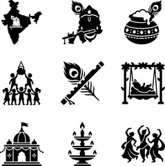 Fototapeta premium Set of Nine Black Silhouette Icons Representing Janmashtami Festival Symbols.