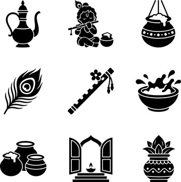 Set of Janmashtami festival celebration flat icons.