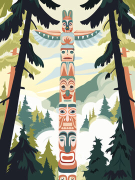 Flat vector illustration of a traditional native totem pole in a misty pine forest