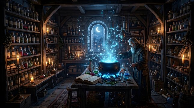 A mysterious wizard brewing a glowing magic potion in a dark candlelit laboratory for a happy halloween