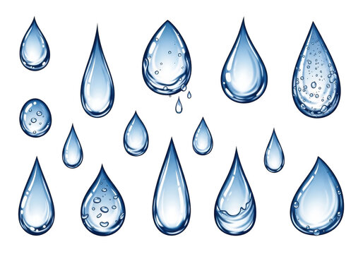 Set of colorful water droplet icons in blue shades isolated on transparent background
