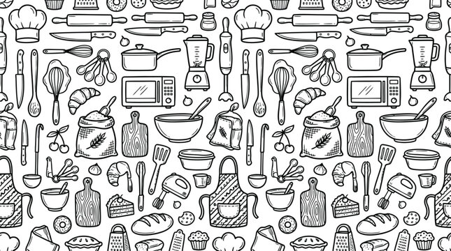 Seamless pattern of kitchen utensils and baking tools in hand drawn doodle style for culinary design