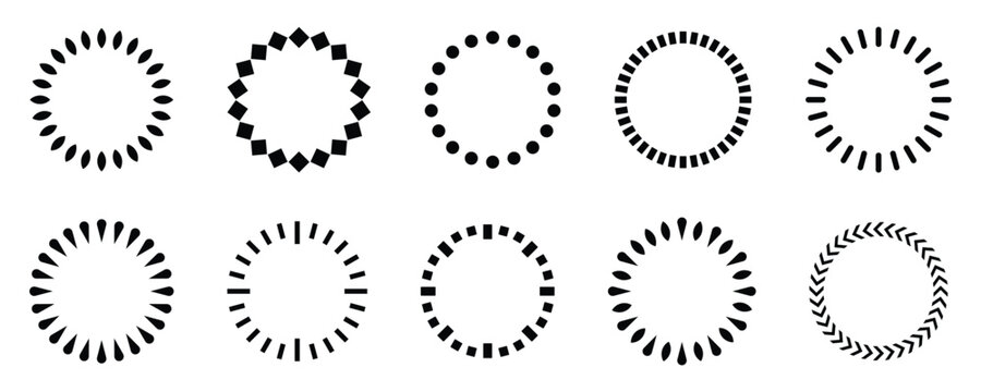 Collection of circular dashed line borders, clock face radial markings, and round badge outlines. Vector illustration and transparent png