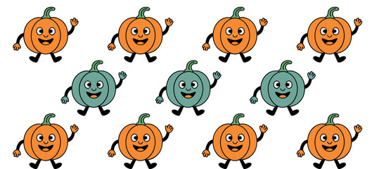 Obraz premium Set of cute cartoon pumpkin characters in orange and teal colors with happy smiling faces and waving hands design