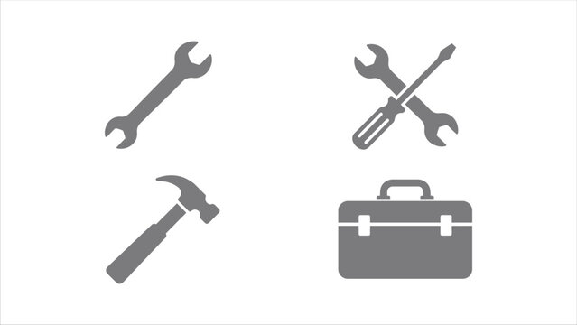 Tool silhouettes including wrench hammer screwdriver and toolbox on a white background adjustable spanner