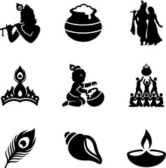Obraz premium Set of Janmashtami festival icons with Lord Krishna symbols.