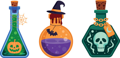 Set of three decorative Halloween magic potion bottles with spooky elements like pumpkins, bats, and skulls for festive designs © Vumika