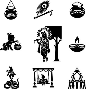 Set of black silhouette icons depicting Lord Krishna and Janmashtami festival elements.