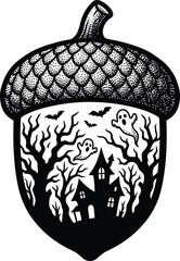 Black and white ink illustration of a spooky haunted house inside an acorn silhouette for autumn season © MDMARUF