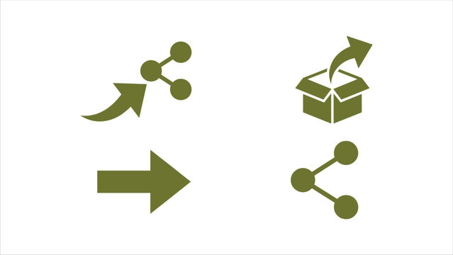 Sharing Packaging And Direction Icons In Olive Green Flat Silhouette Style On White share