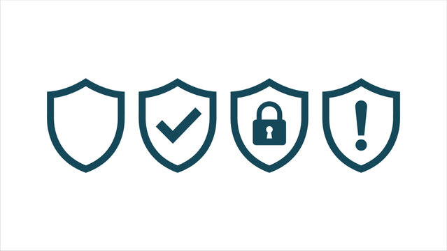 Shield silhouettes with checkmark padlock and exclamation point icons on a white background security