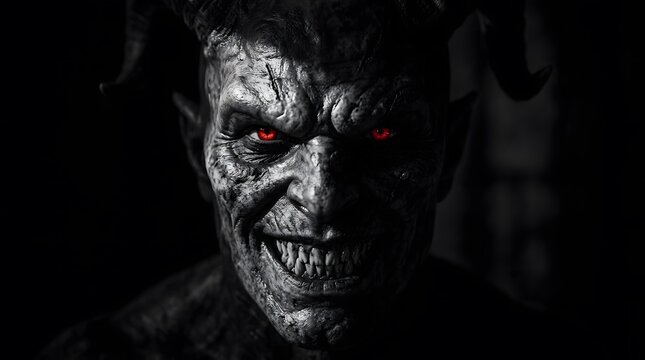 Scary portrait of a demonic creature with glowing red eyes for a dark happy halloween horror theme