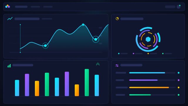 Futuristic data dashboard with glowing neon charts, digital business analytics interface, high-tech financial infographic display on dark background
