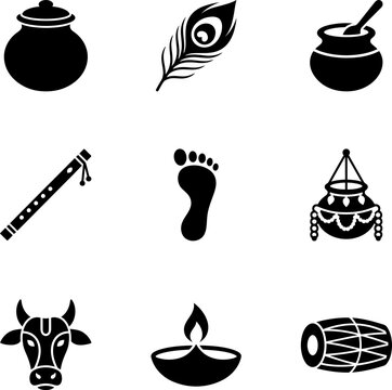 Set of Krishna Janmashtami festival icon elements.