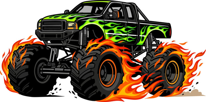 Monster Truck Illustration with Green and Orange Flames
