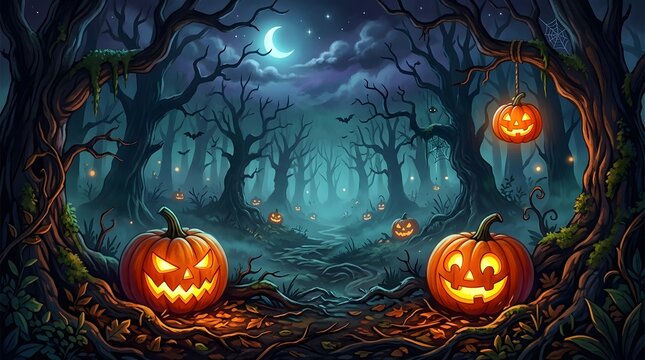 Spooky dark forest background with glowing jack o lanterns for a festive happy halloween holiday greeting card design
