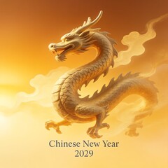 Fototapeta premium Chinese New Year 2029 Year of the Earth Rooster Greeting Card with Majestic Golden Dragon Chinese Zodiac sign with Traditional Lunar Festival Background and Chinese Glowing Red Lanterns Ink Wash Cloud