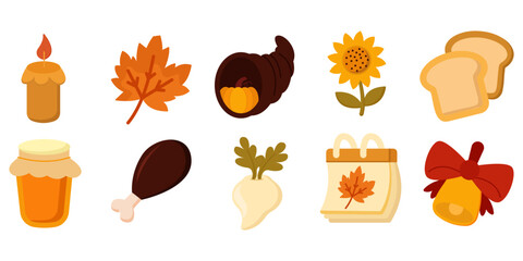 Fototapeta premium Collection of Thanksgiving harvest illustrations featuring candle, honey, chicken leg, sunflower, bread, pumpkin, maple leaf, and gift basket, vector illustration