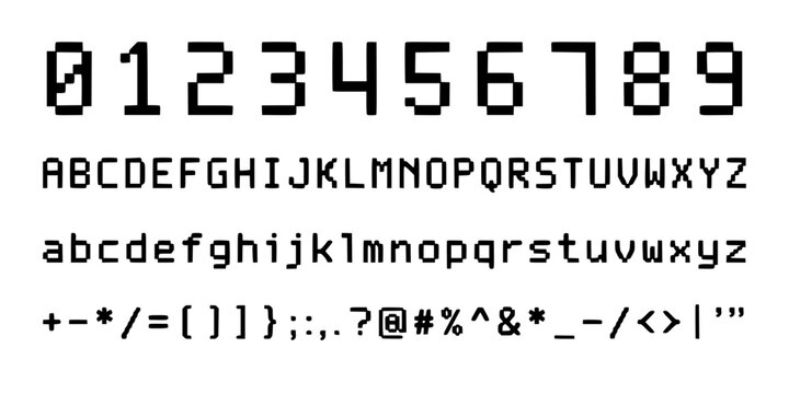 Digital Display of Alphanumeric Characters and Symbols in a Pixelated Font Style Featuring Typography, Letters, Numbers