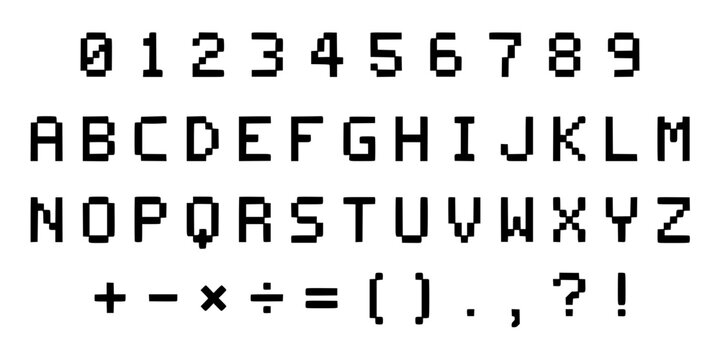 Digital Display of Alphanumeric Characters and Symbols in Pixelated Style Featuring Retro, Technology, Computer with Font