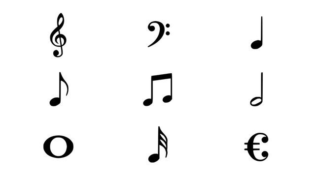 Musical Notes and Clefs Arranged in a 3x3 Grid on a White Background Featuring Treble, Bass, Quarter with Eighth and Sixteenth