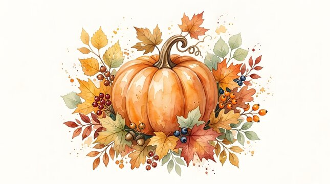 Watercolor illustration of a pumpkin surrounded by autumn leaves for a festive happy halloween seasonal greeting card